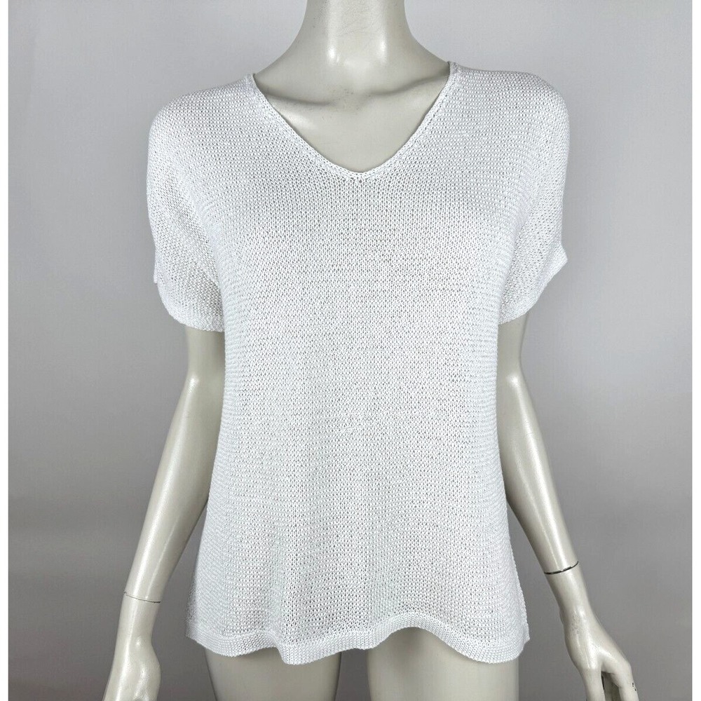 J Jill Open Knit Sweater Top Women M EUC Cotton Short Sleeve V-neck Stretch